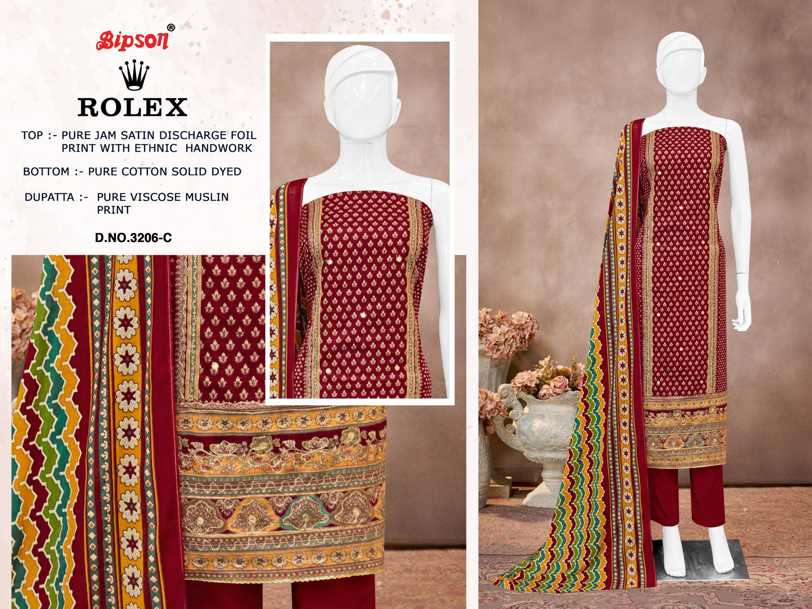 Rolex 3206 By Bipson Jam Satin Printed Dress Material Orders In India